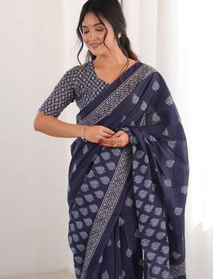 Navy blue blocked printed, floral print soft pure cotton saree with blouse. 5