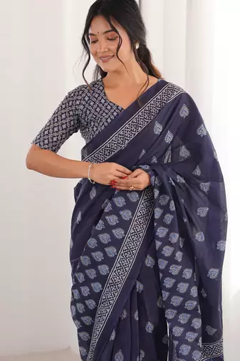 Navy blue blocked printed, floral print soft pure cotton saree with blouse.