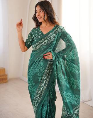 Green blocked printed, floral print soft pure cotton saree with blouse. 5