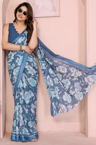 Women Floral Printed Satin Ethnic Saree