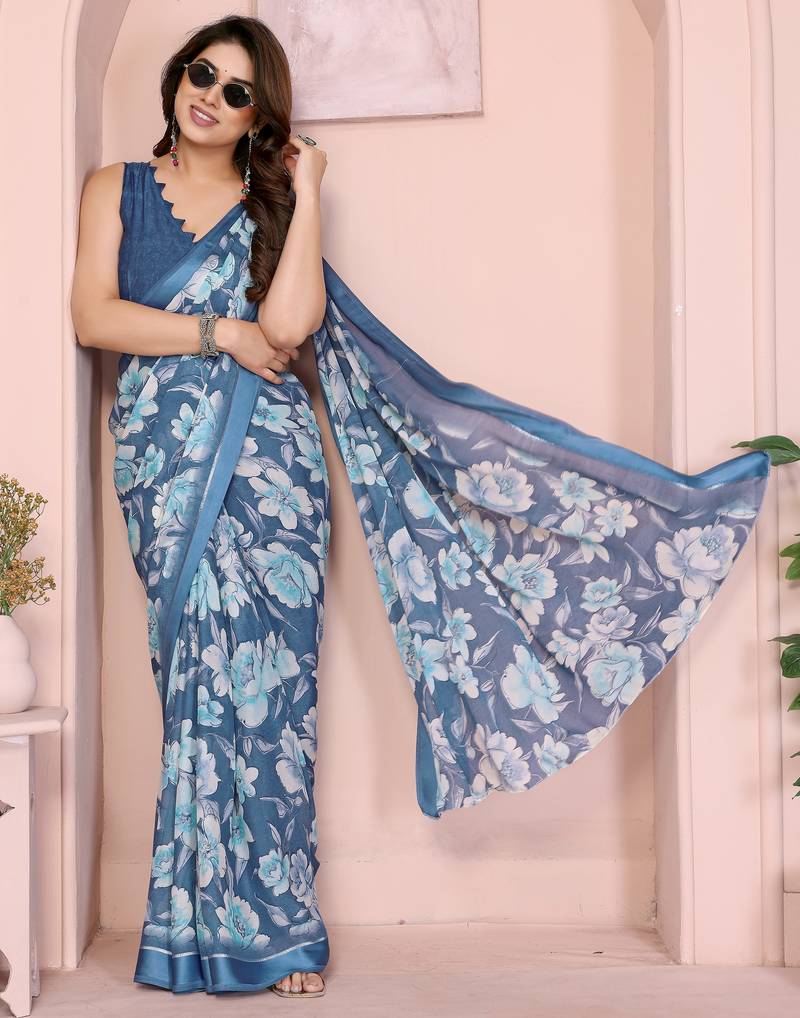 Women Floral Printed Satin Ethnic Saree