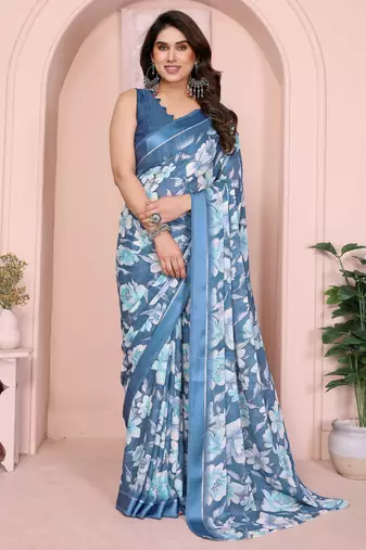 blue floral printed satin saree with unstitched blouse