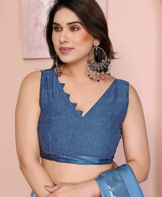 blue floral printed satin saree with unstitched blouse 4