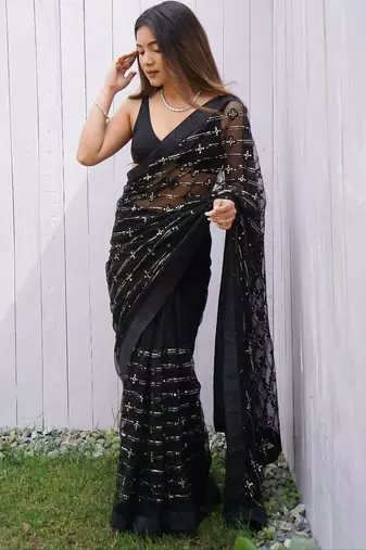 Black Color Thread and Sequence  Embroidery Work  Net Saree