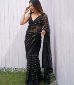 Black Color Thread and Sequence  Embroidery Work  Net Saree