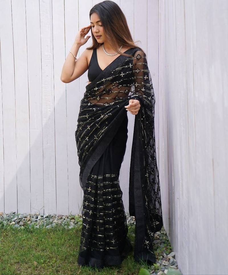 Black Color Thread and Sequence  Embroidery Work  Net Saree
