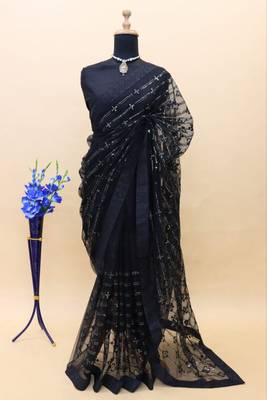black thread & sequin embroidered net party wear saree 2