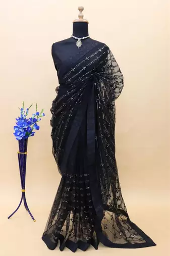 black thread & sequin embroidered net party wear saree