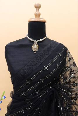 black thread & sequin embroidered net party wear saree 3