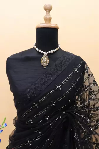 black thread & sequin embroidered net party wear saree