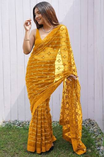 Yellow Color Thread and Sequence  Embroidery Work  Net Saree
