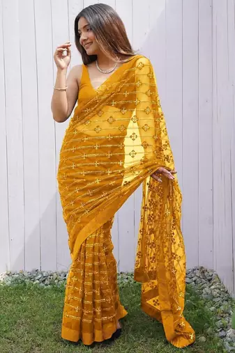Yellow Color Thread and Sequence  Embroidery Work  Net Saree