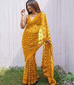 Yellow Color Thread and Sequence  Embroidery Work  Net Saree