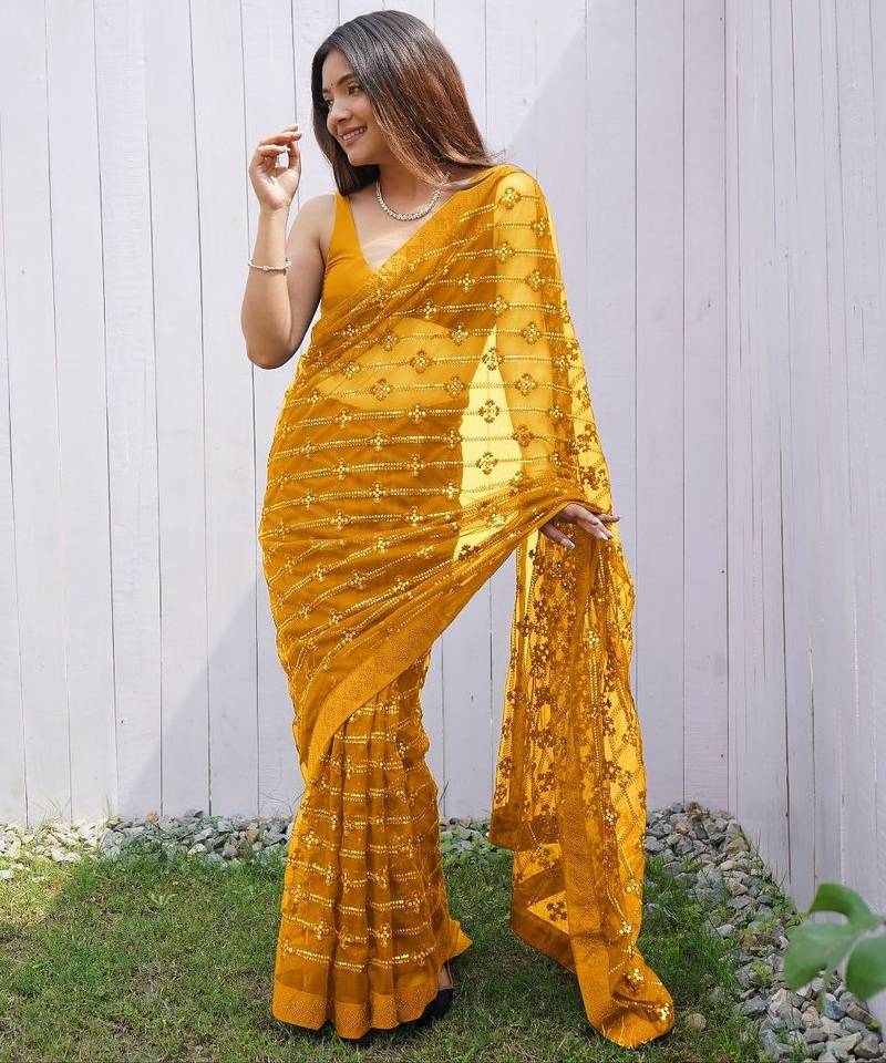 Yellow Color Thread and Sequence  Embroidery Work  Net Saree