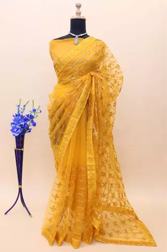yellow thread & sequin embroidered net party wear saree