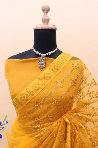 yellow thread & sequin embroidered net party wear saree