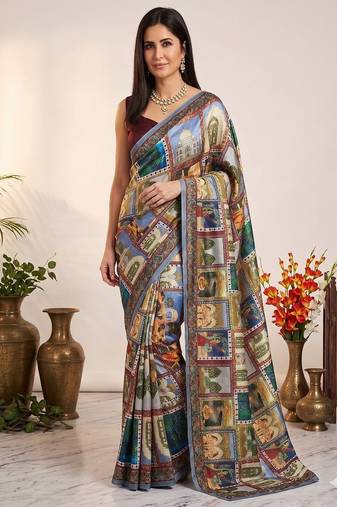 Multi Color Print And Aari ,Real Mirror Work Silk Saree