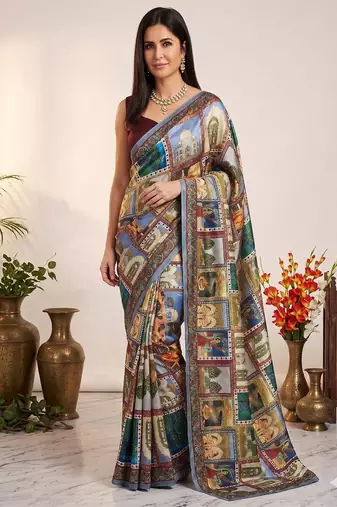 Multi Color Print And Aari ,Real Mirror Work Silk Saree