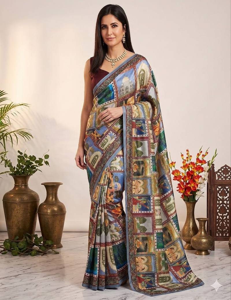 Multi Color Print And Aari ,Real Mirror Work Silk Saree
