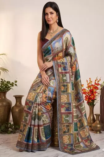 Multi Color Print And Aari ,Real Mirror Work art silk saree
