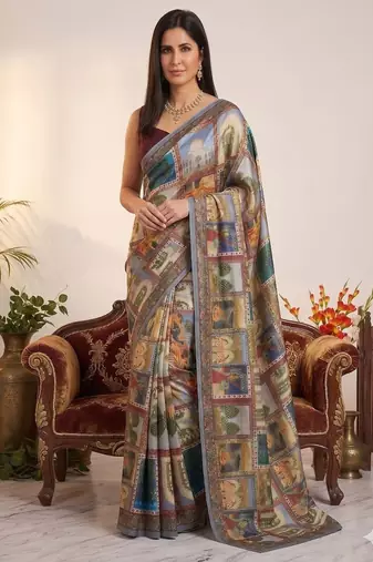 Multi Color Print And Aari ,Real Mirror Work art silk saree