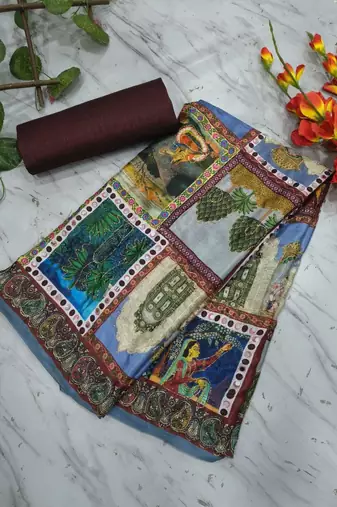 Multi Color Print And Aari ,Real Mirror Work art silk saree