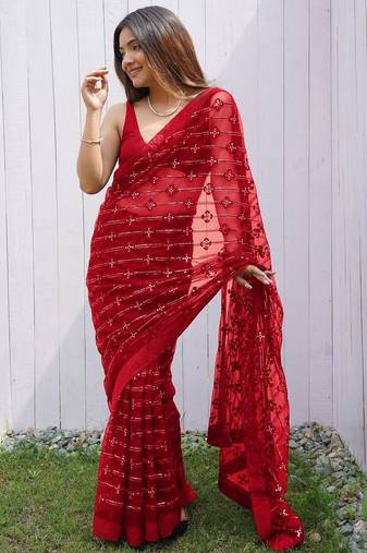 Red Color Thread and Sequence  Embroidery Work  Net Saree