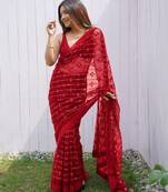 Red Color Thread and Sequence  Embroidery Work  Net Saree