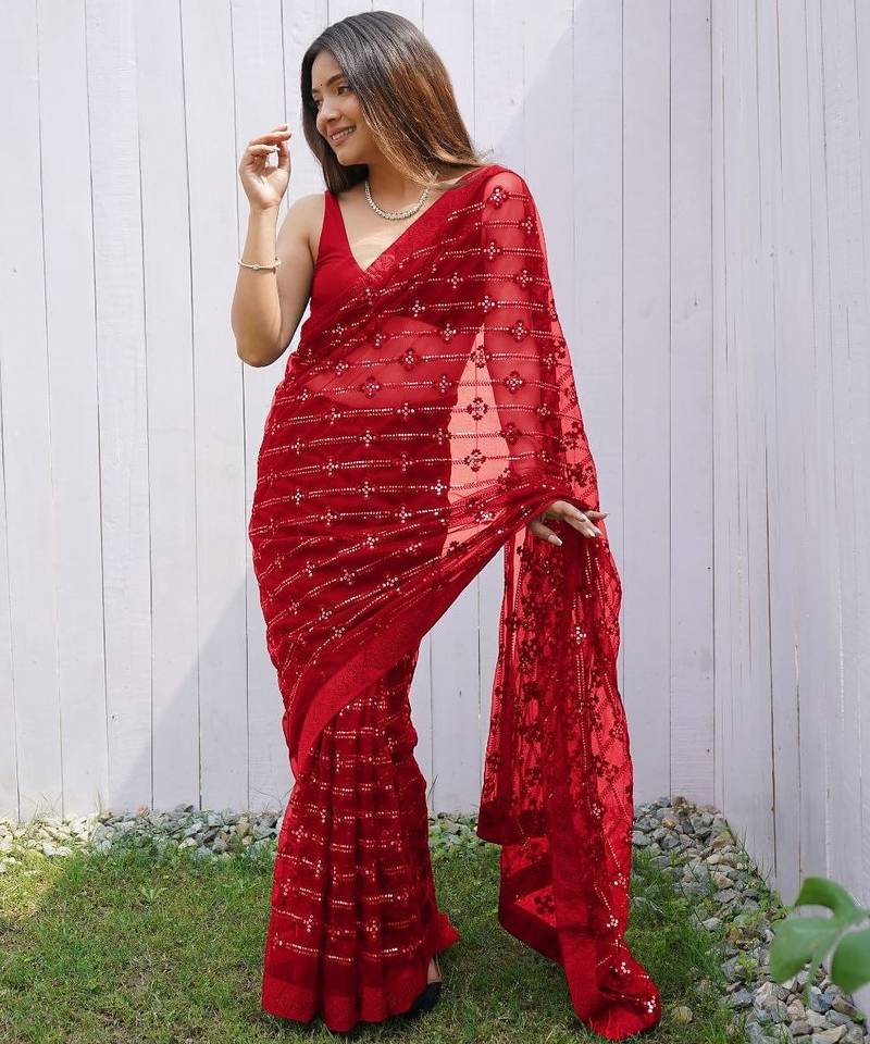 Red Color Thread and Sequence  Embroidery Work  Net Saree