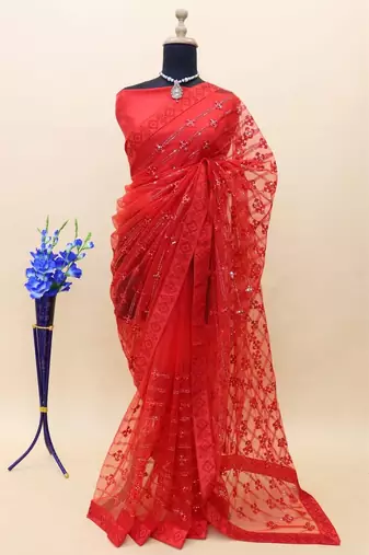 red thread & sequin embroidered net party wear saree