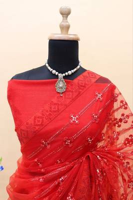 red thread & sequin embroidered net party wear saree 3