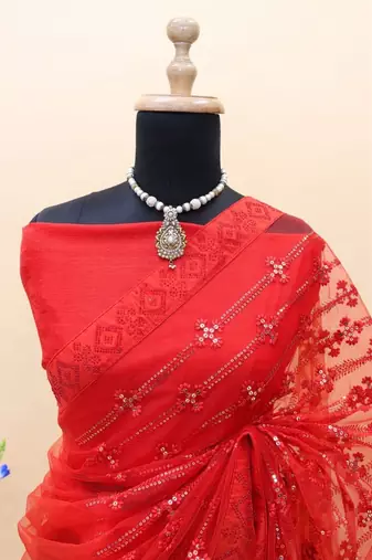 red thread & sequin embroidered net party wear saree