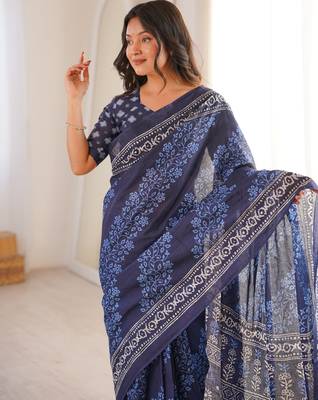 Navy blue blocked printed, floral print soft pure cotton saree with blouse. 4