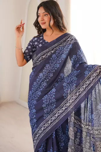 Navy blue blocked printed, floral print soft pure cotton saree with blouse.