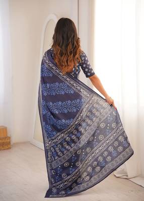 Navy blue blocked printed, floral print soft pure cotton saree with blouse. 5