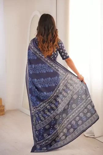 Navy blue blocked printed, floral print soft pure cotton saree with blouse.