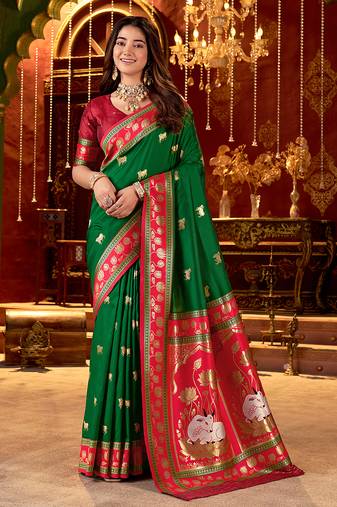 Green cotton silk zari woven saree with contrast blouse piece