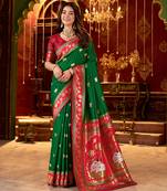 Green cotton silk zari woven saree with contrast blouse piece
