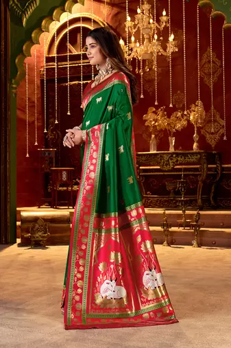 green paithani cotton silk zari woven saree