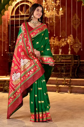 green paithani cotton silk zari woven saree