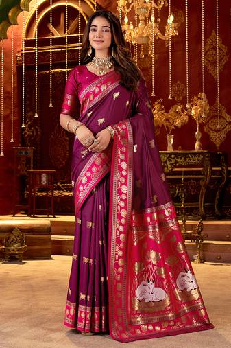 Burgundy cotton silk zari woven saree with contrast blouse piece