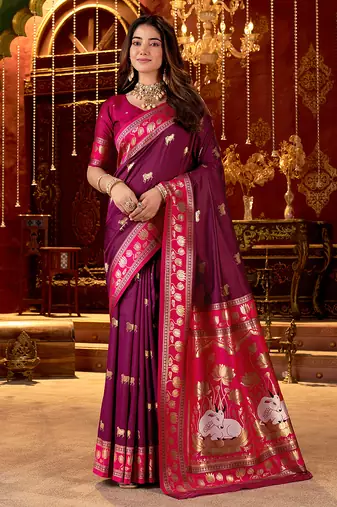 Burgundy cotton silk zari woven saree with contrast blouse piece