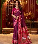 Burgundy cotton silk zari woven saree with contrast blouse piece