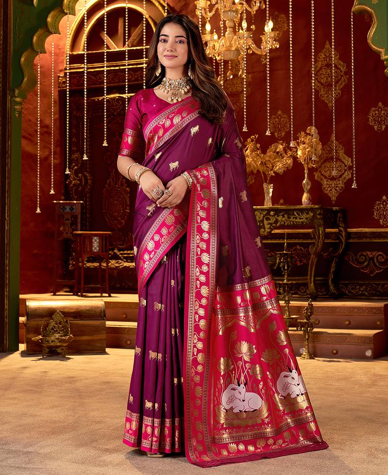 Burgundy cotton silk zari woven saree with contrast blouse piece