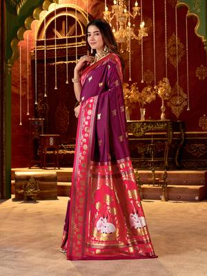 burgundy paithani cotton silk zari woven saree 3