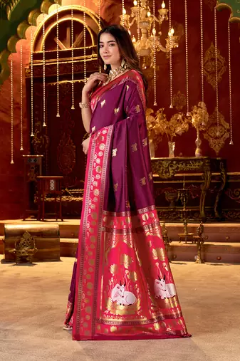 burgundy paithani cotton silk zari woven saree