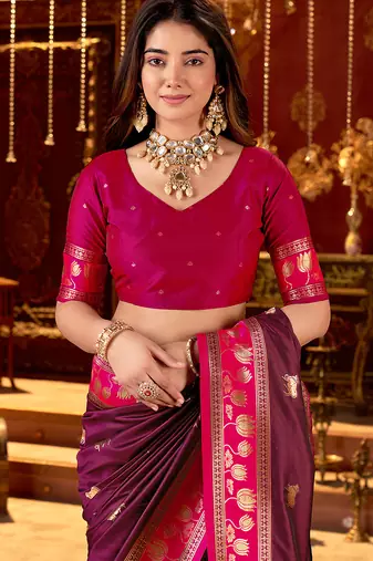 burgundy paithani cotton silk zari woven saree