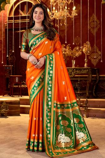 Orange cotton silk zari woven saree with contrast blouse piece