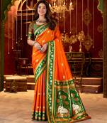 Orange cotton silk zari woven saree with contrast blouse piece