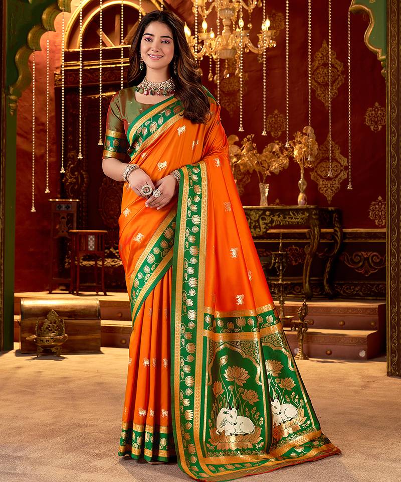 Orange cotton silk zari woven saree with contrast blouse piece